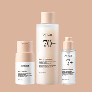 ANUA Rice Trio Set: Rice Enzyme Brightening Cleansing Powder 40g, RIce 70 Glow Milky Toner 250ml, Rice Ceramide Hydrating Barrier Serum 50ml (Full Size Products)